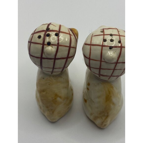 Vintage Ceramic Dog Salt & Pepper Shakers With Plaid Caps occupied Japan - Picture 9 of 13